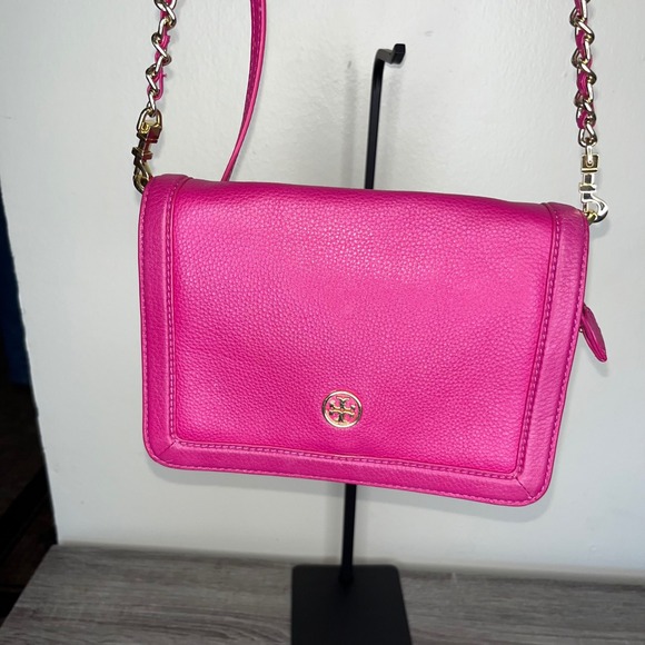 Tory Burch Pink Leather Kira Chevron Flap Bag Gold Chain Convertible Strap